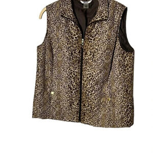 Vtg animal print puffed quilted vest,women size 14.Brown,front zip,mob wife